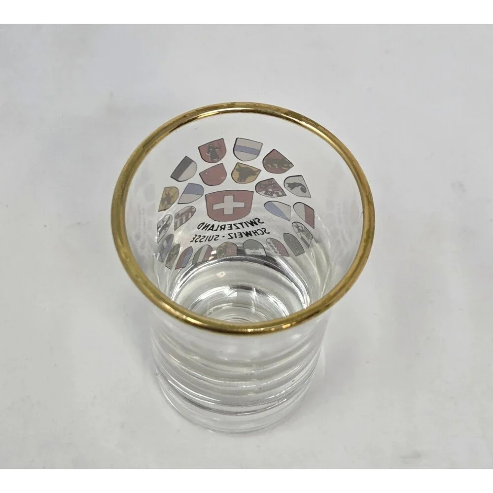 Vintage Switzerland Schweiz Suisse Shot Glass Gold Rim 26 Canton Crests Shields